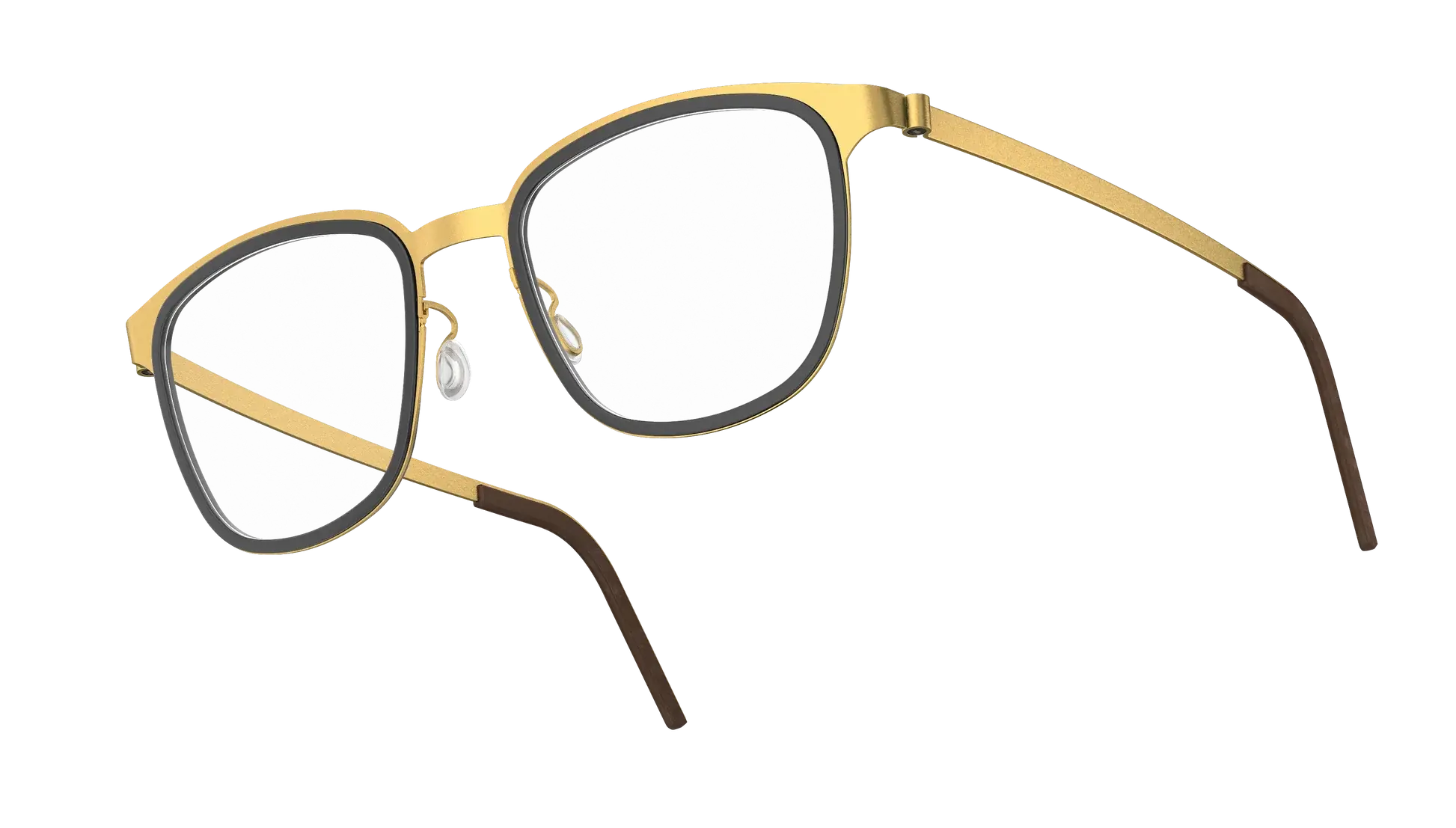 Lindberg Strip Titanium optical frames in brushed gold with grey rim detail and walnut wood temple tips — available at our Markham clinic