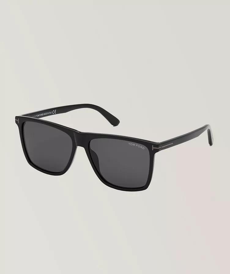 Tom Ford rectangular flat-top sunglasses in glossy black acetate with dark grey lenses and signature T-logo temples, made in Italy