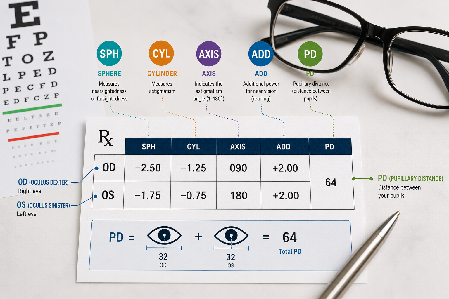 How to Read a Glasses Prescription: OD, OS, SPH, CYL, AXIS, ADD & PD Explained